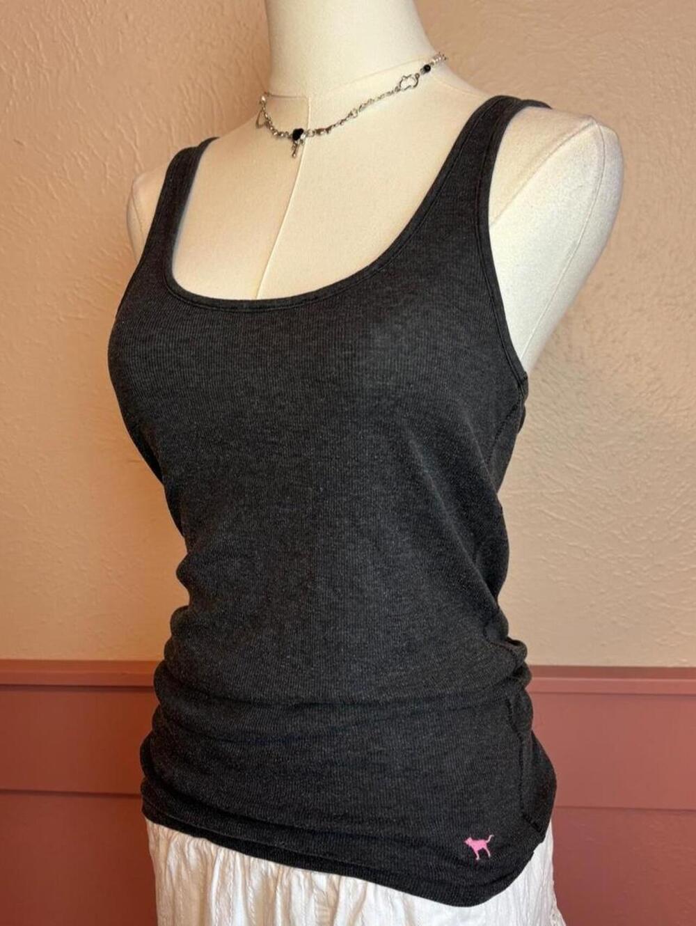 Victoria's Secret PINK 2011 grey ribbed tank top sz large 2000s y2k mcbling